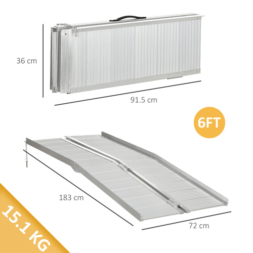 HOMCOM Textured Aluminum Folding Wheelchair Ramp, 183 x 72 cm Portable Threshold Ramp, for Scooter Steps Home Stairs Doorways