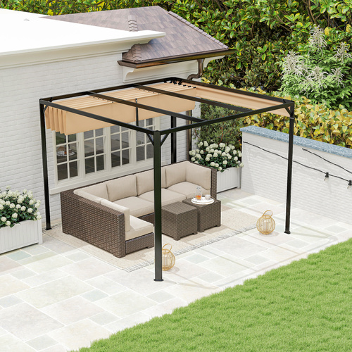 Outsunny 3 x 3m Aluminium Pergola, with Retractable Roof and Wall - Khaki
