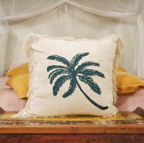 Linen Cushion Cover 60x60cm Palm Tree  with Fringe