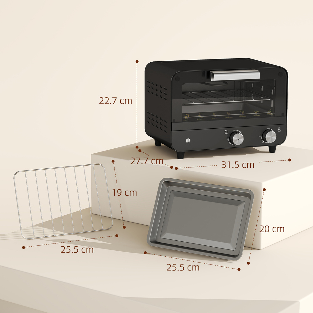 HOMCOM Small Toaster Oven, 12L Multifunction Mini Countertop Oven with Glass Door, Adjustable Temperature and Timer, Black