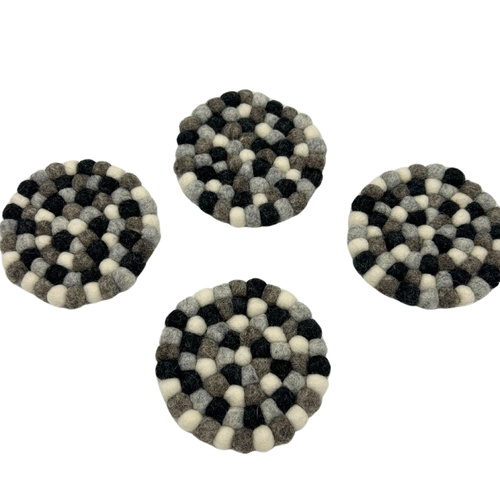 Felt Ball Round Coasters - Multi Grey colour (set of 4)