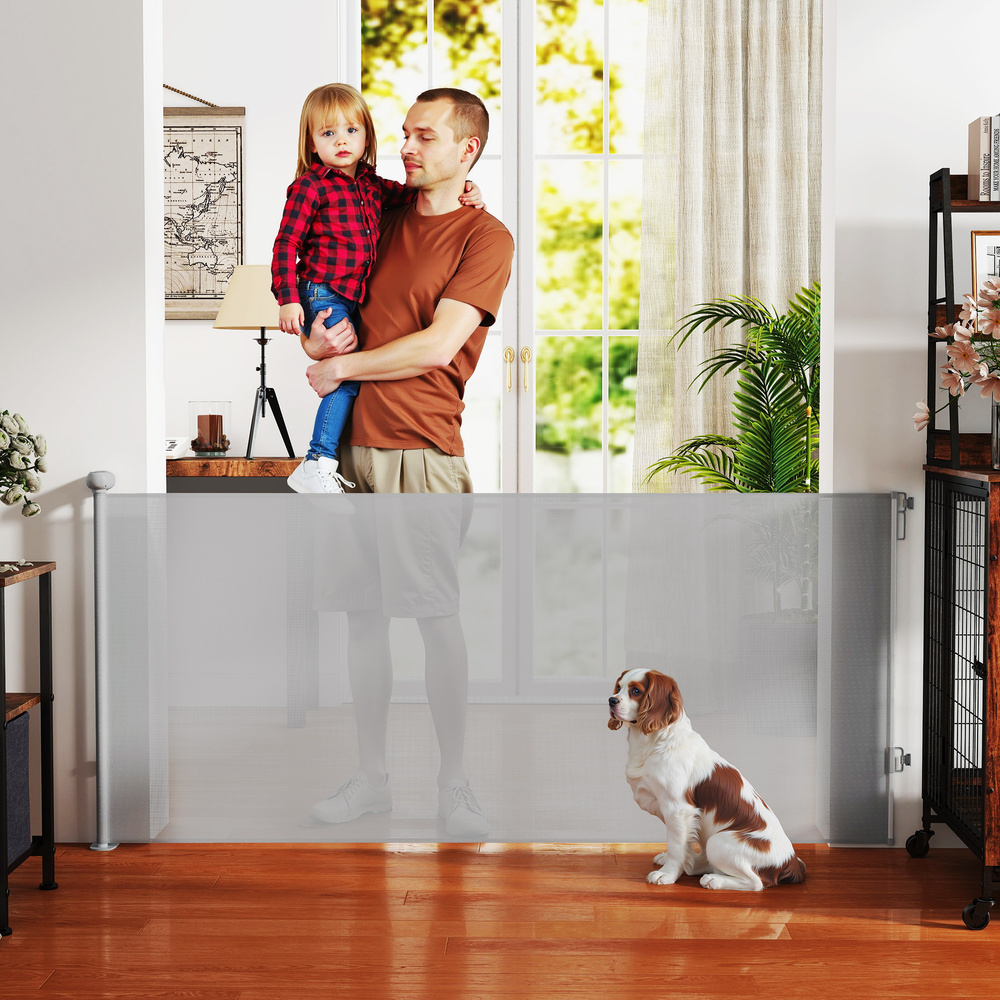 PawHut Retractable Stair Gate Extends Up to 180 cm Wide, Dog Gate for Doorways, Stairways, Hallways, Grey
