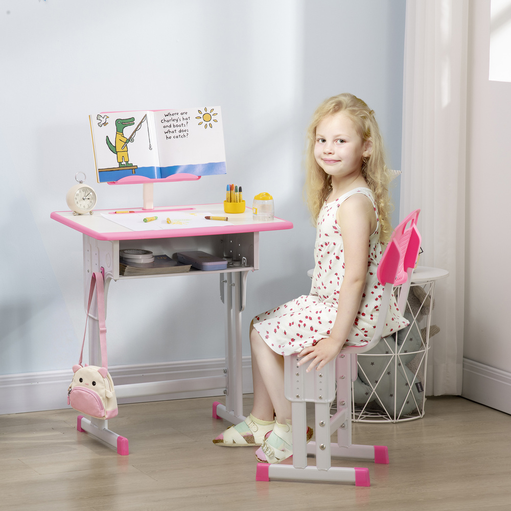 HOMCOM Kids Adjustable Desk and Chair Set, Book Stand, Pen Slot - Pink