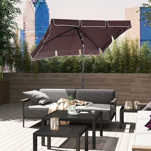 Outsunny Garden Parasol Umbrella, Outdoor Market Table Umbrella with Ruffles & Aluminium Pole, Rectangular Tilting Parasol Sun Shade Canopy, 2 x 1.3m, Brown
