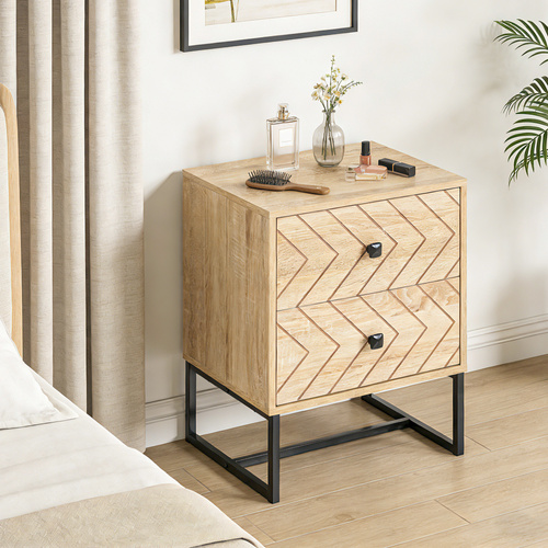 HOMCOM Bedside Table Nightstand Two-Drawer Bedroom Storage Unit Zig Zag Design with Black Metal Handles, Natural