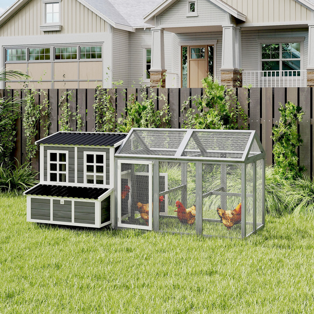 PawHut 2-Piece Wooden Chicken Coop and Run Set, Poultry Run Cage with Nesting Box, Slide-Out Tray, Roof, Perch
