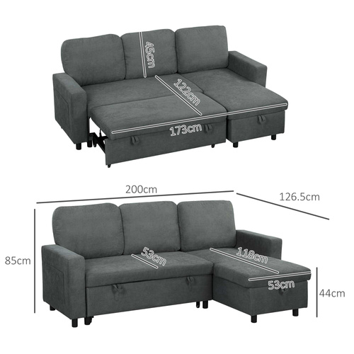 HOMCOM Pull Out Sofa Bed with 113 x 49cm storage space - Charcoal Grey