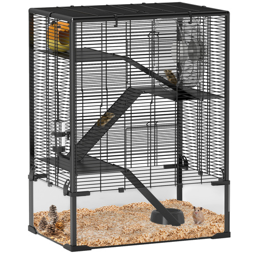 PawHut Four-Tier Hamster Cage with Deep Tempered Glass Bottom, Hut, Running Wheel, Food Dish, Water Bottle, 60 x 40 x 80cm
