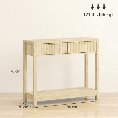 HOMCOM Modern Console Table with Fluted Panel Drawers, Narrow Hallway Table with Shelf for Entryway, Living Room, 90 x 30 x 76 cm, Natural Wood Finish