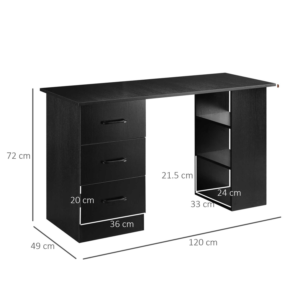 HOMCOM Computer Desk with Drawers, Home Office Desk, Writing Table, PC Workstation with 3 Storage Shelves for Working, Study, 120 x 49 x 72 cm, Black