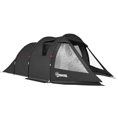 Outsunny 3-4 Man Tunnel Tent, Two Room Camping Tent with Windows, Portable Carry Bag, for Fishing, Hiking, Sports, Festival - Black