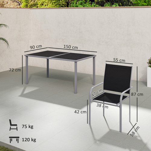 Outsunny 7 Piece Outdoor Garden Dining Set with Table and 6 Stackable Chairs, Steel Frame, Tempered Glass Top, Mesh Seats, Black