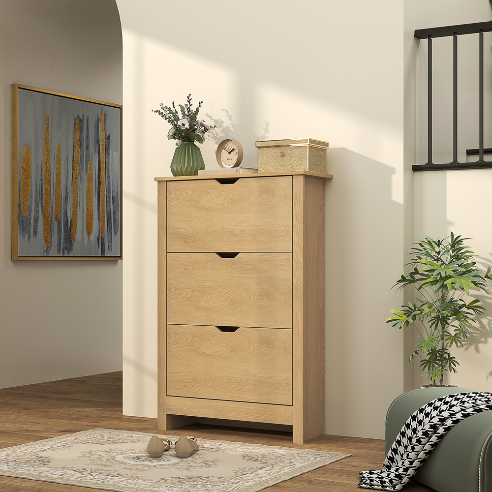 HOMCOM Slim Shoe Cabinet, Narrow Shoe Cupboard with 3 Drawers, Adjustable Shelves for 18 Pairs of Shoes, Natural Wood Finish