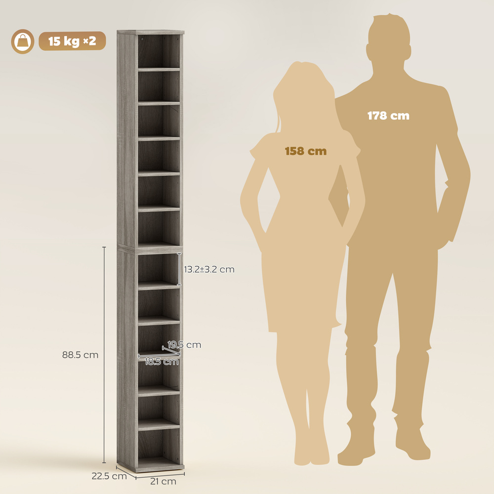 HOMCOM Set of 2 CD Media Display Shelf Unit Tower Rack with Adjustable Shelves, Mocha Wood Effect