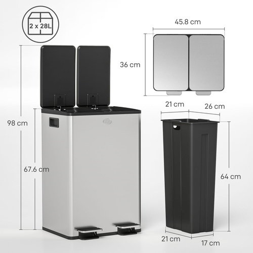 HOMCOM 56L Dual Compartment Stainless Steel Bin, with Deodoriser Holders - Silver Tone