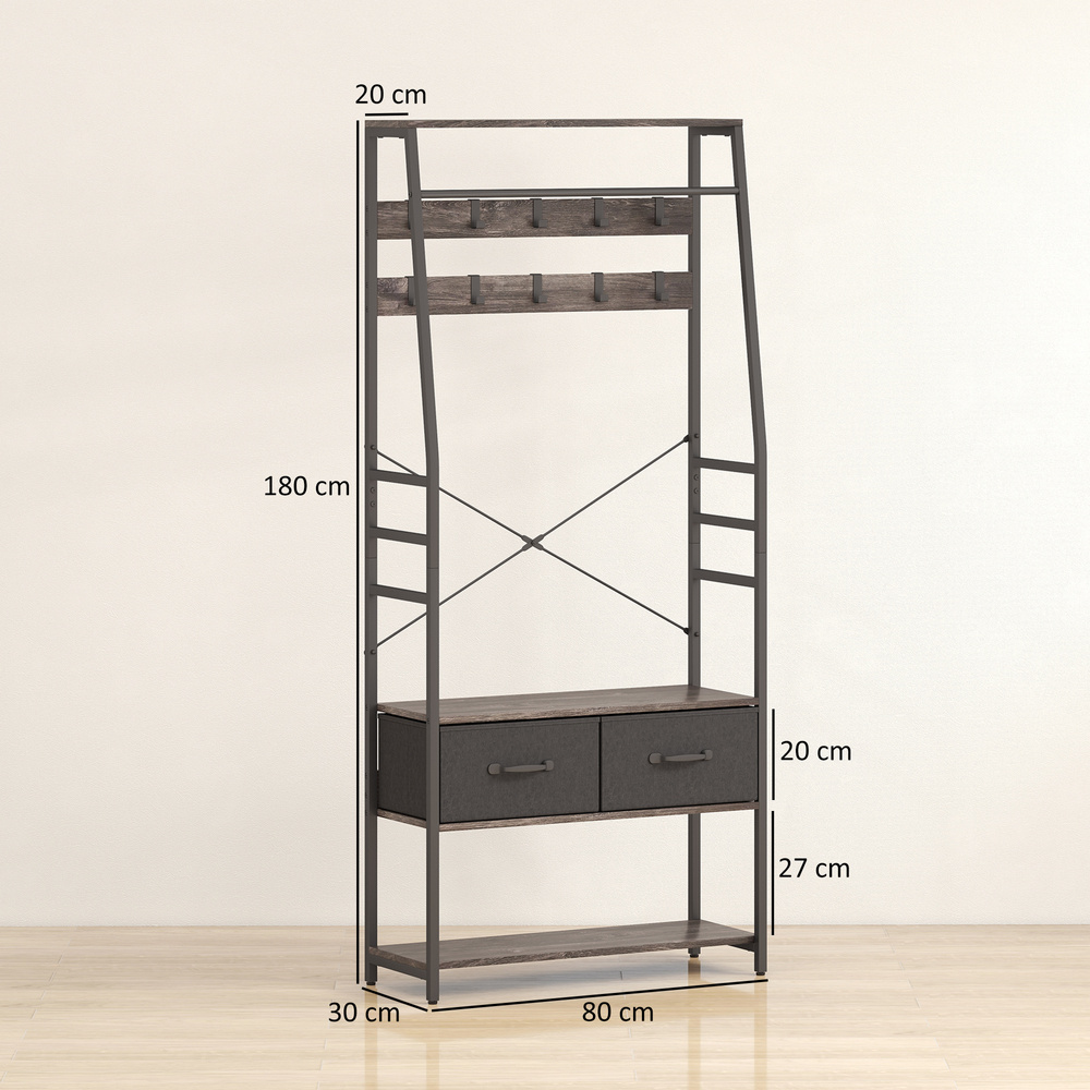 HOMCOM Coat Rack with Shoe Storage, Hall Tree, Industrial Coat Stand with Shoe Bench, 10 Removable Hooks, 2 Fabric Drawers and Clothes Rail for Entryway, Hallway, Grey