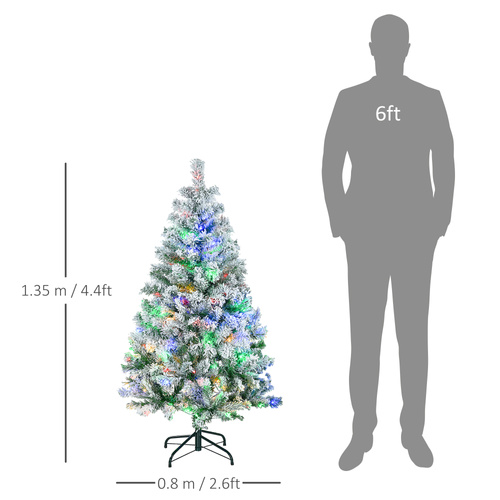 HOMCOM 4.5' Artificial Snow Christmas Trees with Frosted Branches, Warm White or Colourful LED Lights, Steel Base