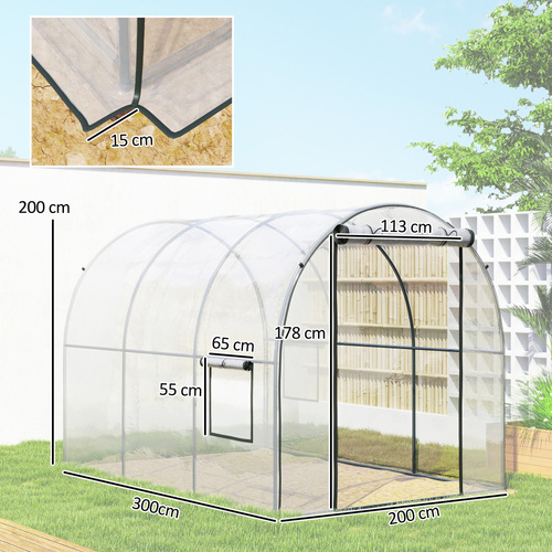 Outsunny Polytunnel Greenhouse Walk-in Grow House with Plasric Cover, Door, Mesh Window and Steel Frame, 3 x 2 x 2m, Clear