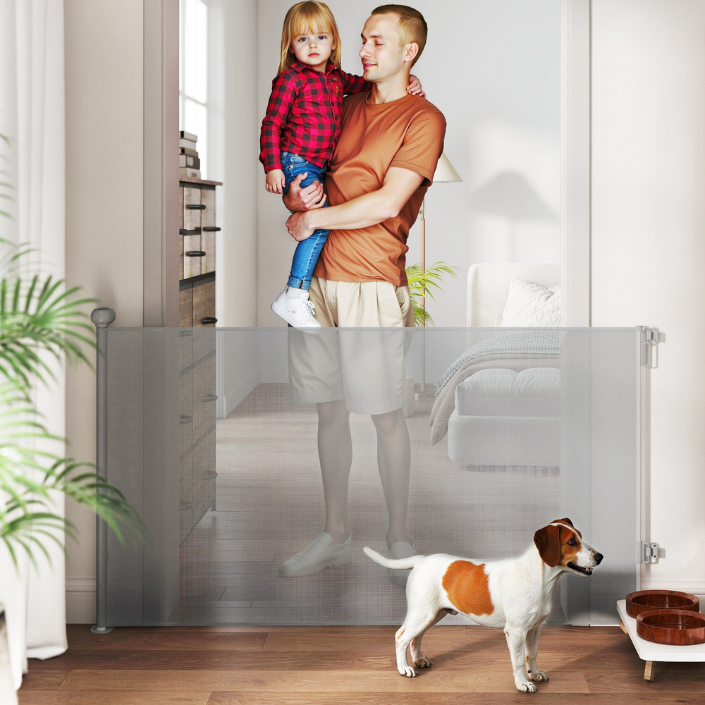 PawHut Retractable Stair Gate Extends Up to 140 cm Wide, Dog Gate for Doorways, Stairways, Hallways, Grey