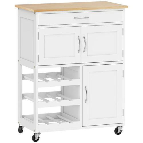 HOMCOM Modern Kitchen Trolley, Rolling Island Storage Cart with Drawer, 9-bottle Wine Rack, Door Cabinets, Wooden Countertop, White