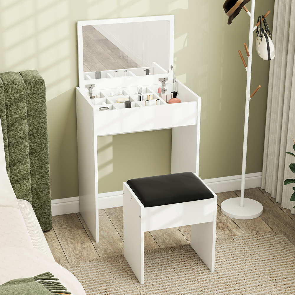 HOMCOM Dressing Table with Mirror and Stool, Vanity Makeup Table with Flip Up Mirror, Vanity Desk with Storage Unit and Padded Seat, White