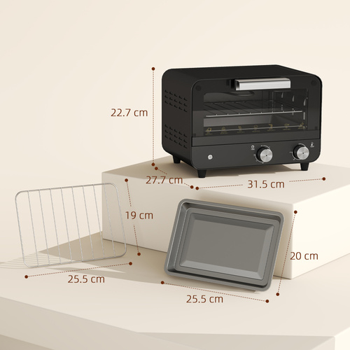 HOMCOM Small Toaster Oven, 12L Multifunction Mini Countertop Oven with Glass Door, Adjustable Temperature and Timer, Black