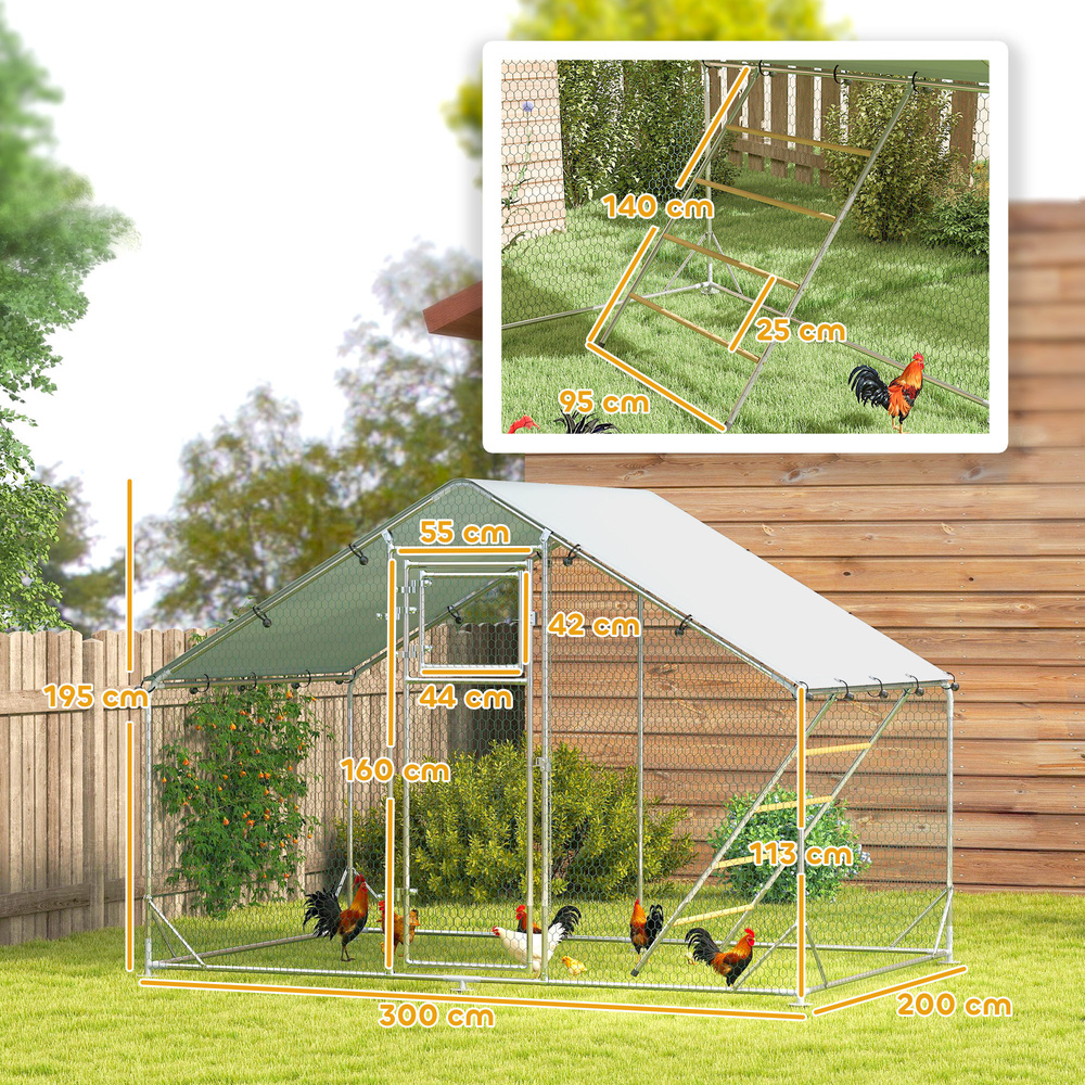 PawHut Walk-in Chicken Run with Cover, Feeding Door, Hanging Feeder, Perch, for 6-8 Poultry