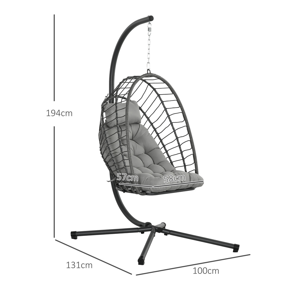 Outsunny Outdoor PE Rattan Swing Chair with Foldable Basket and Cushion, Garden Patio Hanging Egg Chair with Metal Stand, Headrest for Indoor and Outdoor, Light Grey