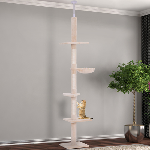 PawHut Floor to Ceiling Cat Tree 230-260cm Height Adjustable, 5-Tier Cat Tower with Scratching Posts, Hammock, Perches, Climbing Activity Centre for Indoor Kittens Playing and Relaxing, Beige
