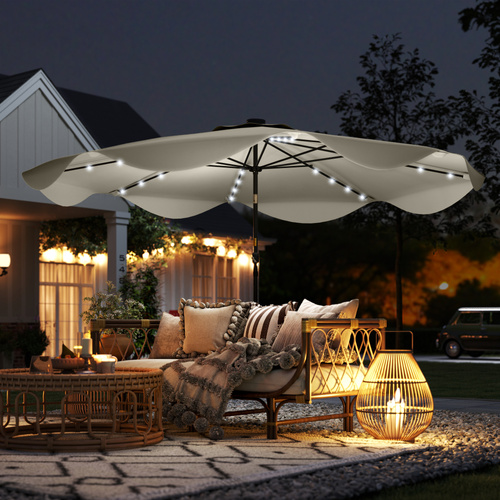Outsunny Solar Patio Umbrella with LED and Tilt, Outdoor Market Table Umbrella Parasol with Crank, 3 x 3 (m), Cream White