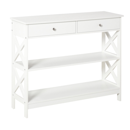 HOMCOM Console Table Side Desk w/ Shelves Drawers Open Top X Support Frame Living Room Hallway Home Office Furniture White