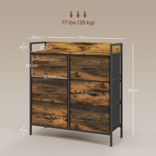 HOMCOM Rustic Chest of Six Fabric Drawers - Rustic Brown