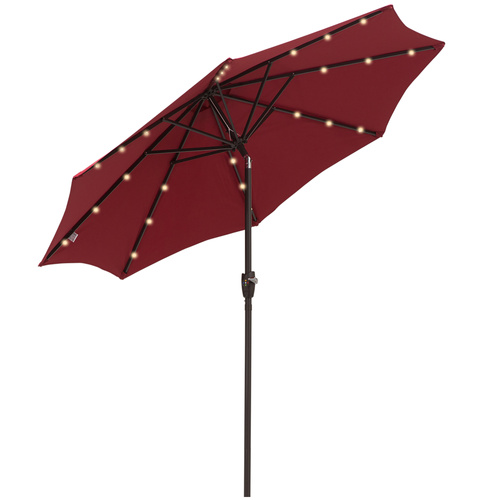 Outsunny Φ2.7m Garden 24 LED Light Parasol Solar Outdoor Tilt Sun Umbrella Patio Club Party Event Manual Sun Shade w/ Hand Crank and 8 Ribs, Red
