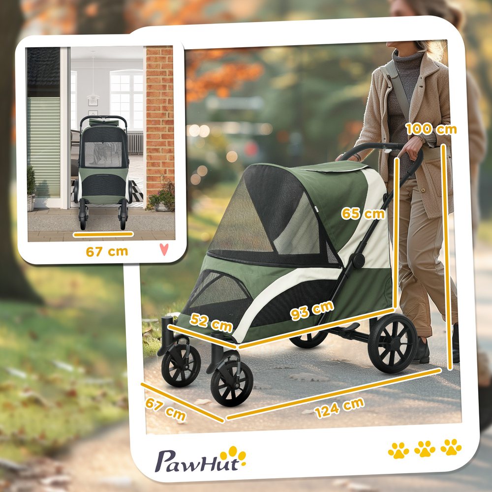 PawHut Foldable Pet Stroller for Large Dogs with Four Big Wheels, Shock-Absorbing Frame, Safety Leashes, Brakes, Dark Green