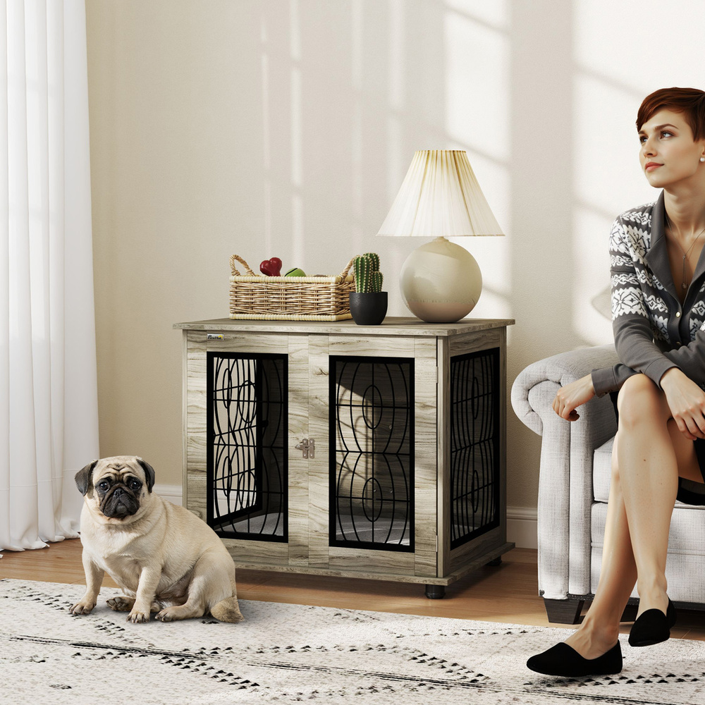 PawHut Indoor Dog Crate Furniture End Table with Soft Washable Cushion, Lockable Front Door, for Medium Dogs - Black