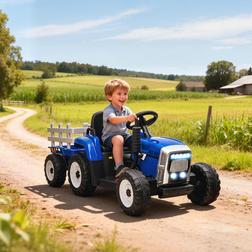 HOMCOM Ride On Tractor, Battery Powered Electric Car, with Detachable Trailer, Remote Control, Music, Blue