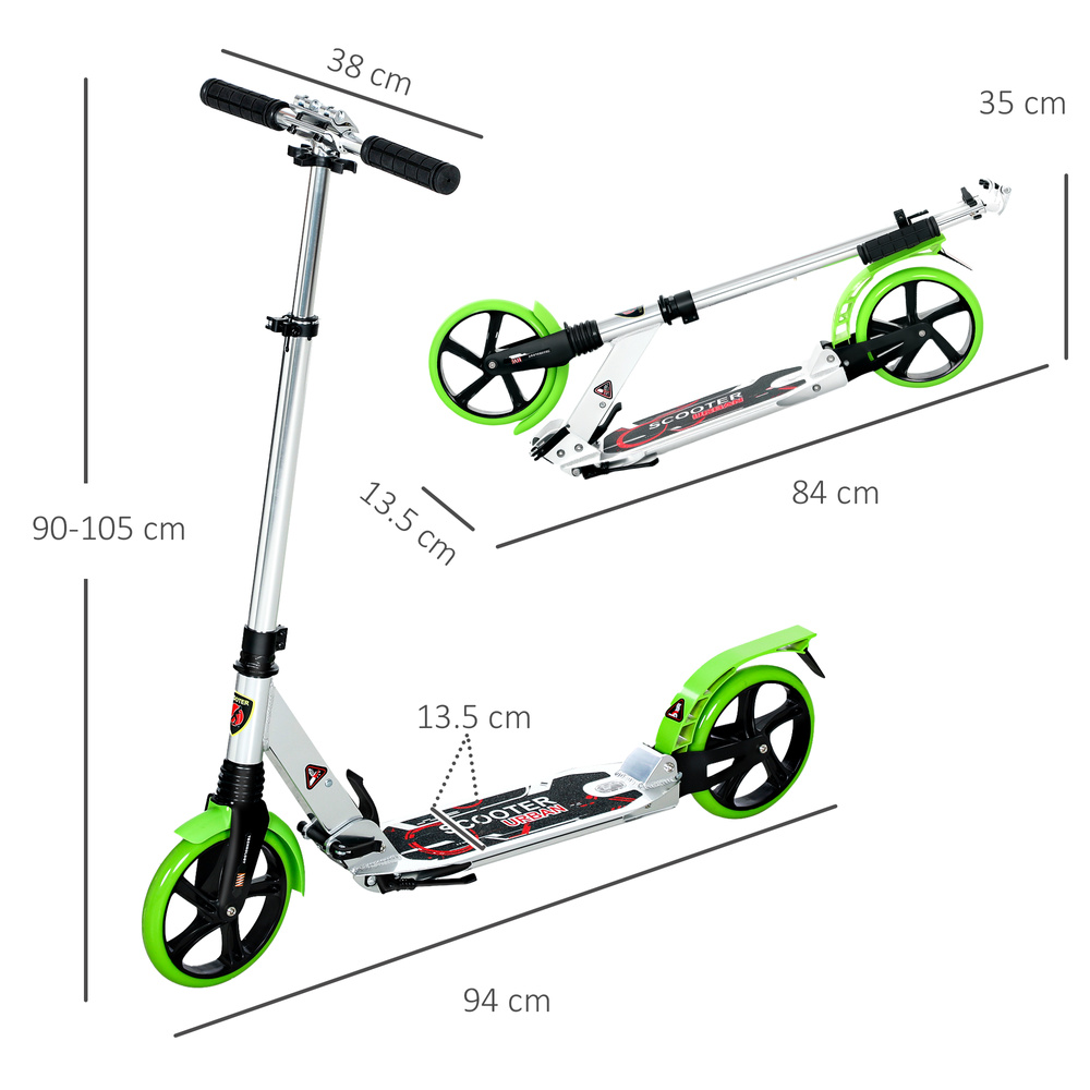 HOMCOM Folding Kick Scooter, Adjustable Ride On Scooter with 200mm Big Wheels and Double Shock Absorption, Urban Scooter for 14+ Teens Adult, Green