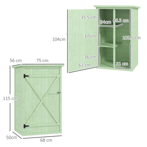 Outsunny Wooden Small Shed, Garden Storage Shed with Shelves and Bolt Latch, 75L x 56W x115H cm, Green