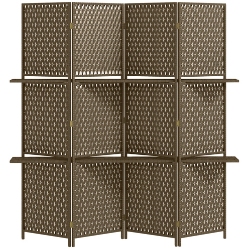 HOMCOM 4-Panel Room Dividers with Shelves, Wave Fibre Freestanding Folding Privacy Screen Panels, Partition Wall Divider for Indoor Bedroom Office, 180 cm, Brown