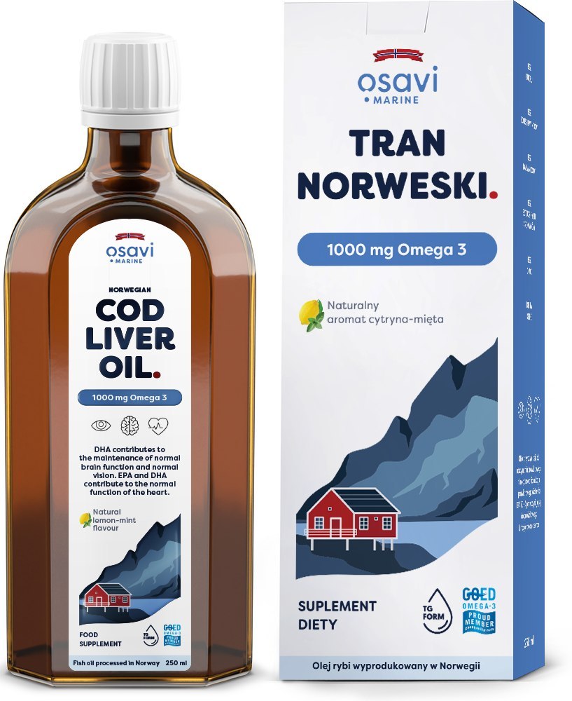 Osavi Norwegian Cod Liver Oil 1000mg Omega 3 Wspmaga Zdrowie Serca i Mózgu oraz Prawidłowe Widzenie Lemon-Mint 250ml