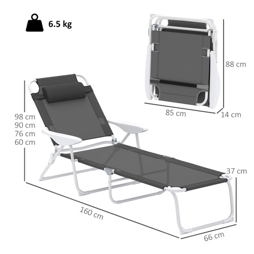 Outsunny Foldable Lounge Chair with 4-Level Adjustable Backrest & Headrest - Charcoal Grey