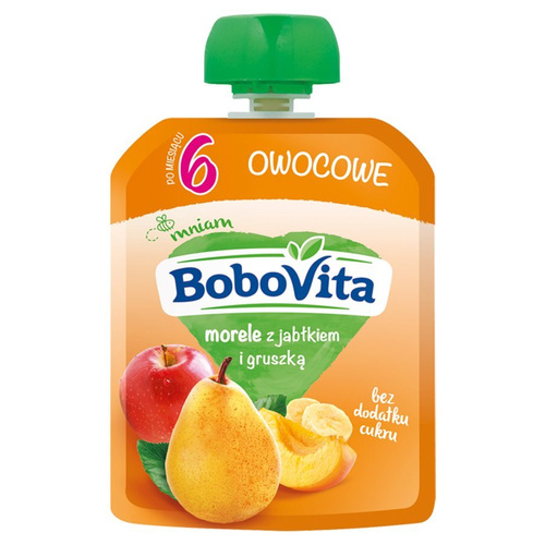 BoboVita Mus Morele z Jabłkiem i Gruszką dla Niemowląt po 6 Miesiącu bez Dodatku Cukru 80g