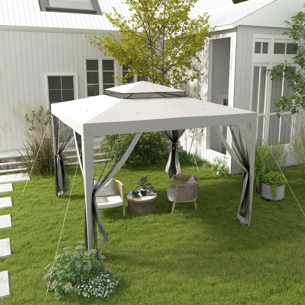 Outsunny 3 x 3 m Gazebo, Netting Party Tent, Patio Canopy Outdoor Event Shelter with Double Tier Roof, Light Grey