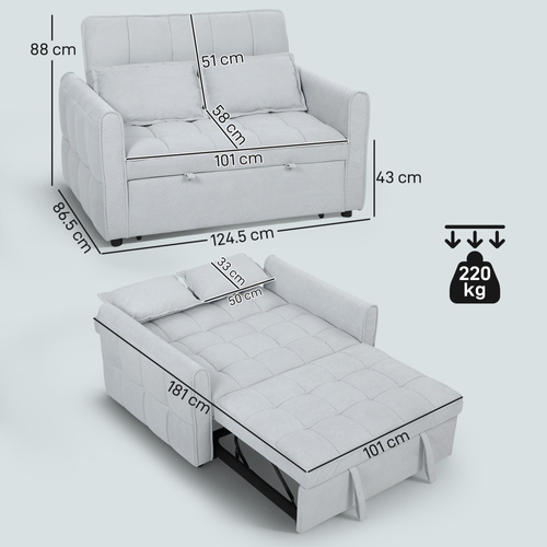 HOMCOM 2 Seater Sofa Bed, 3-in-1 Convertible Sleeper Sofa with Click-clack Adjustable Backrest and 2 Pillows, Light Grey