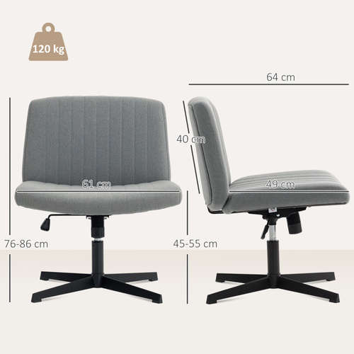 HOMCOM Armless Office Chair No Wheels, Linen Fabric Criss Cross Legged Desk Chair with Wide Seat, Thick Padding, Tilt Function, Height Adjustable Swivel Computer Seat for Home, Grey