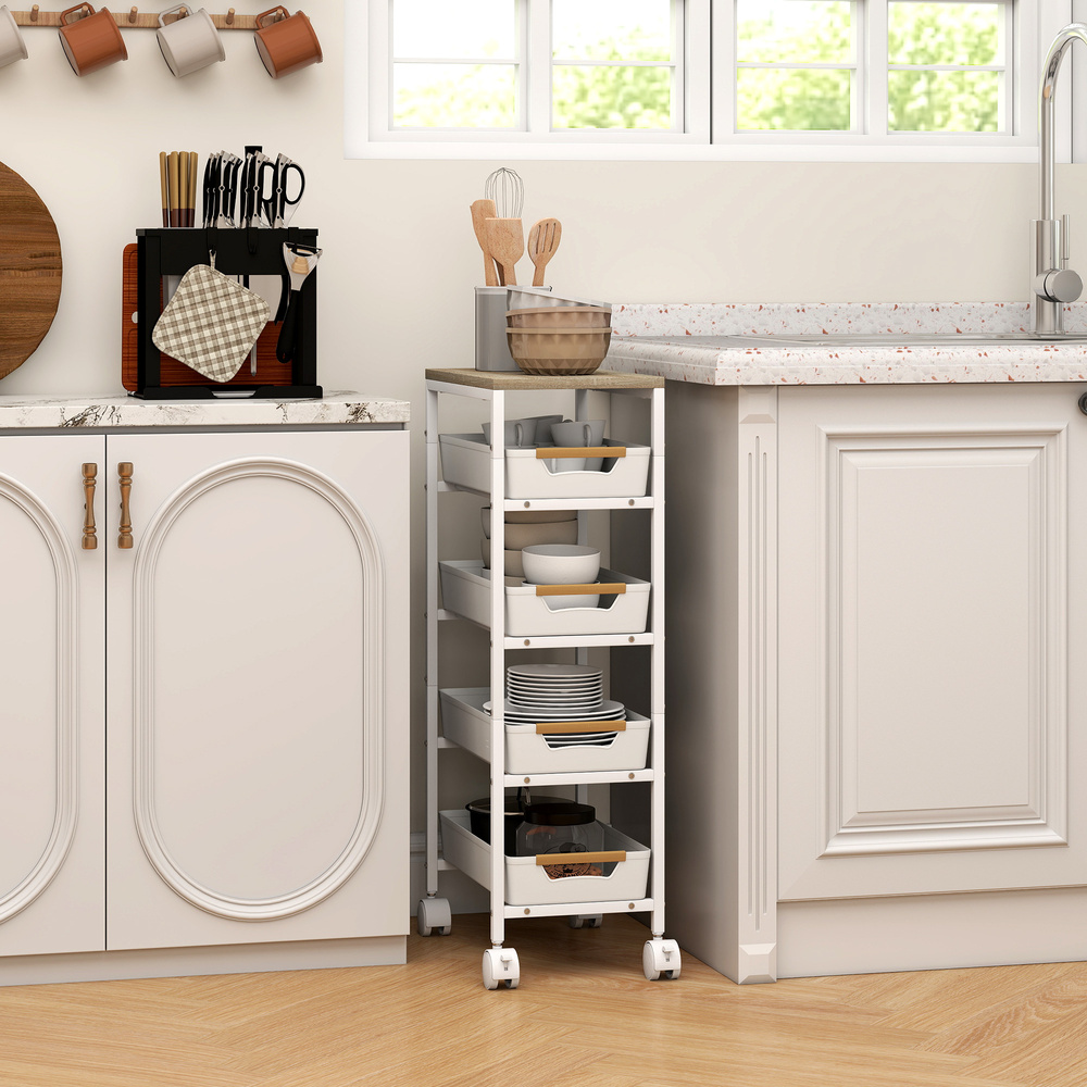HOMCOM 5-Tier Storage Trolley on Wheels - White