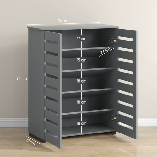 HOMCOM Narrow Shoe Cabinet for Entryway, 5-Tier Slim Shoe Storage Cabinet with 2 Slatted Doors and Adjustable Shelves Grey