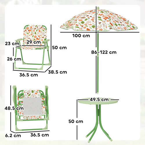 AIYAPLAY 4-Piece Kids Garden Table and Chair Set with Adjustable Parasol, Folding Chairs, Table, Nature Pattern, Green