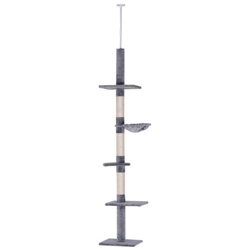 PawHut Floor to Ceiling Cat Tree 230-260cm Height Adjustable, 5-Tier Cat Tower with Scratching Posts, Hammock, Perches, Climbing Activity Centre for Indoor Kittens Playing and Relaxing, Grey