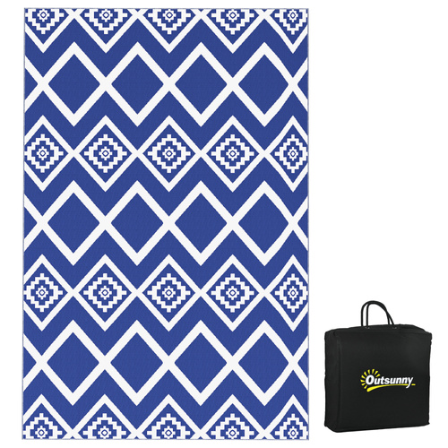 Outsunny Plastic Straw Reversible RV Outdoor Rug with Carry Bag, 182 x 274cm, Blue and White